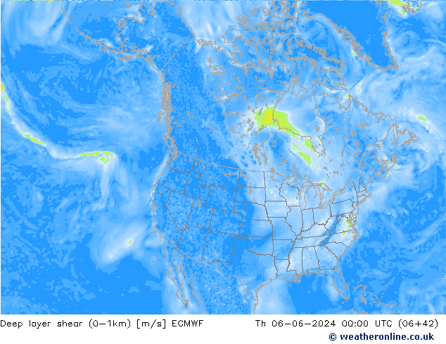 Deep layer shear (0-1km) ECMWF Qui 06.06.2024 00 UTC