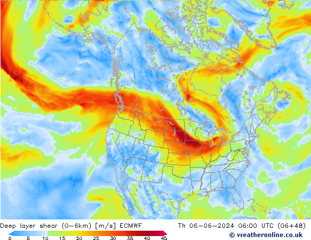 Deep layer shear (0-6km) ECMWF Th 06.06.2024 06 UTC