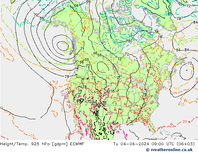 Height/Temp. 925 hPa ECMWF Di 04.06.2024 09 UTC