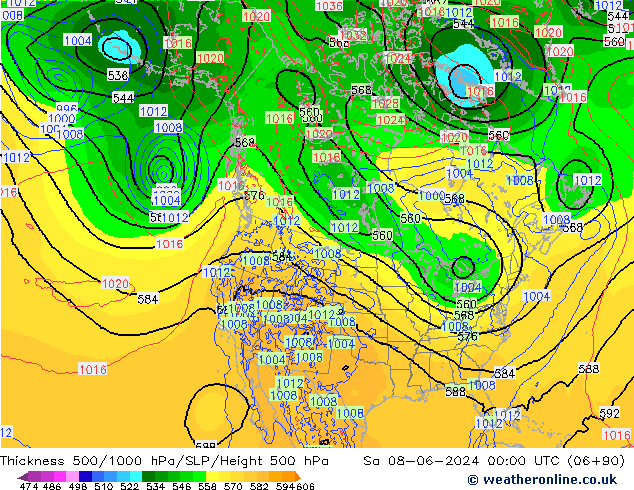 Espesor 500-1000 hPa ECMWF sáb 08.06.2024 00 UTC