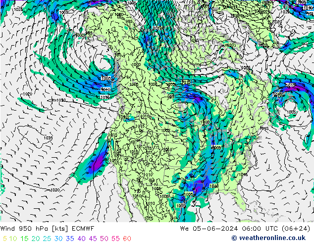 Vento 950 hPa ECMWF Qua 05.06.2024 06 UTC