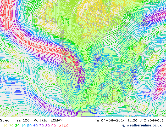 Línea de corriente 200 hPa ECMWF mar 04.06.2024 12 UTC