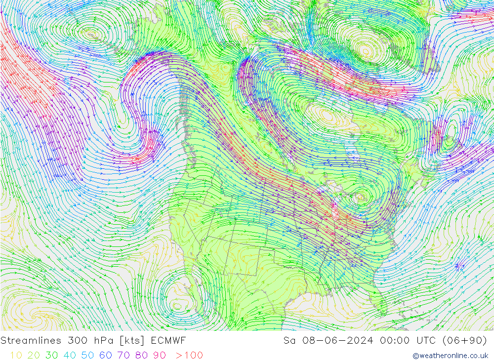 Streamlines 300 hPa ECMWF So 08.06.2024 00 UTC