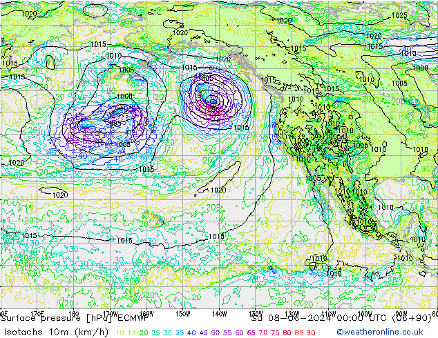 Isotachs (kph) ECMWF So 08.06.2024 00 UTC