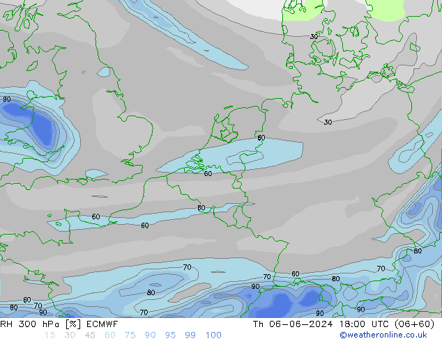 RH 300 hPa ECMWF czw. 06.06.2024 18 UTC