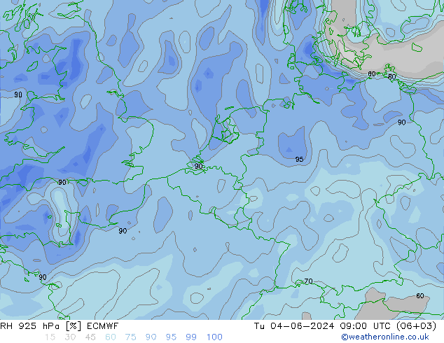 RH 925 hPa ECMWF Tu 04.06.2024 09 UTC