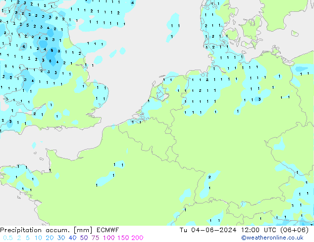 Precipitation accum. ECMWF Tu 04.06.2024 12 UTC