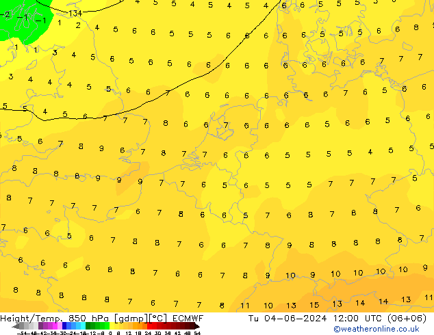 Z500/Rain (+SLP)/Z850 ECMWF Di 04.06.2024 12 UTC