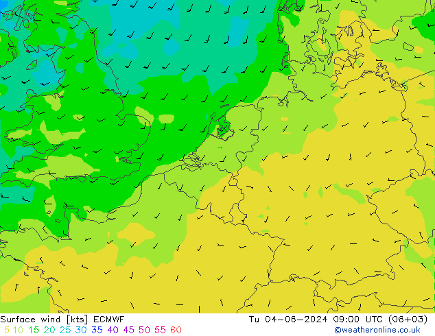 Bodenwind ECMWF Di 04.06.2024 09 UTC