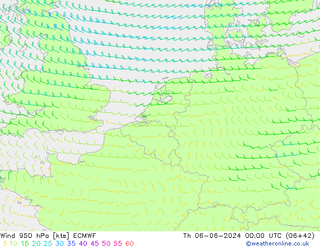 Vento 950 hPa ECMWF Qui 06.06.2024 00 UTC