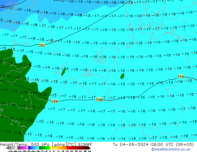 Hoogte/Temp. 500 hPa ECMWF di 04.06.2024 09 UTC