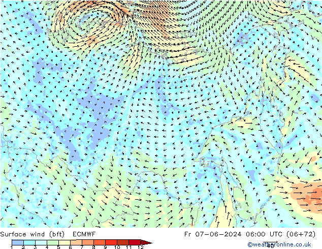 Surface wind (bft) ECMWF Fr 07.06.2024 06 UTC