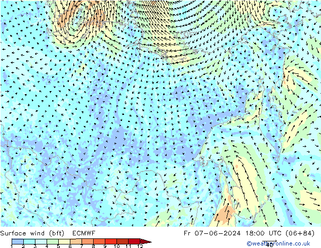 Wind 10 m (bft) ECMWF vr 07.06.2024 18 UTC