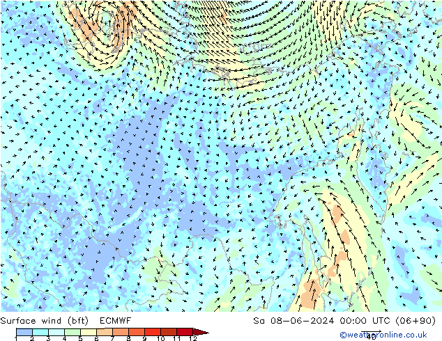 wiatr 10 m (bft) ECMWF so. 08.06.2024 00 UTC