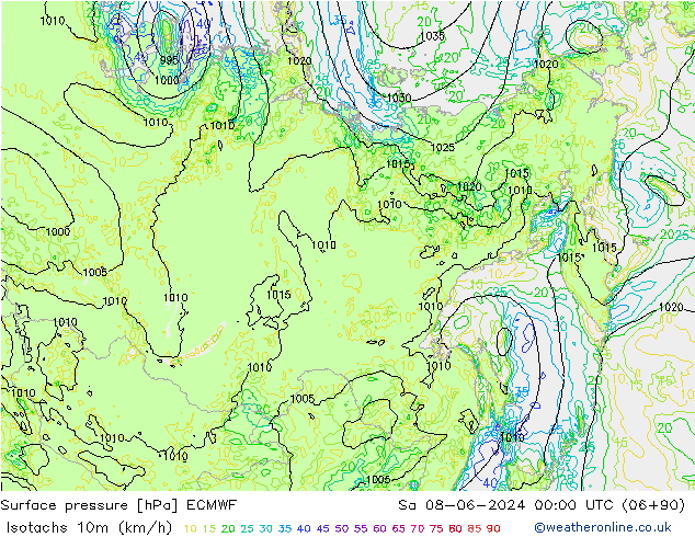 Isotachen (km/h) ECMWF za 08.06.2024 00 UTC