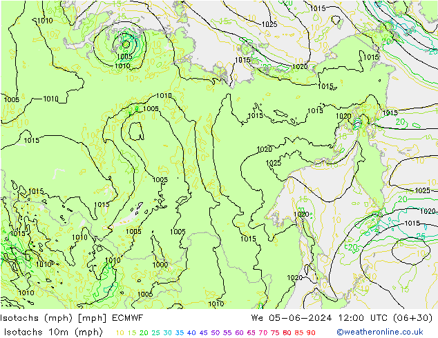 Isotachs (mph) ECMWF mer 05.06.2024 12 UTC