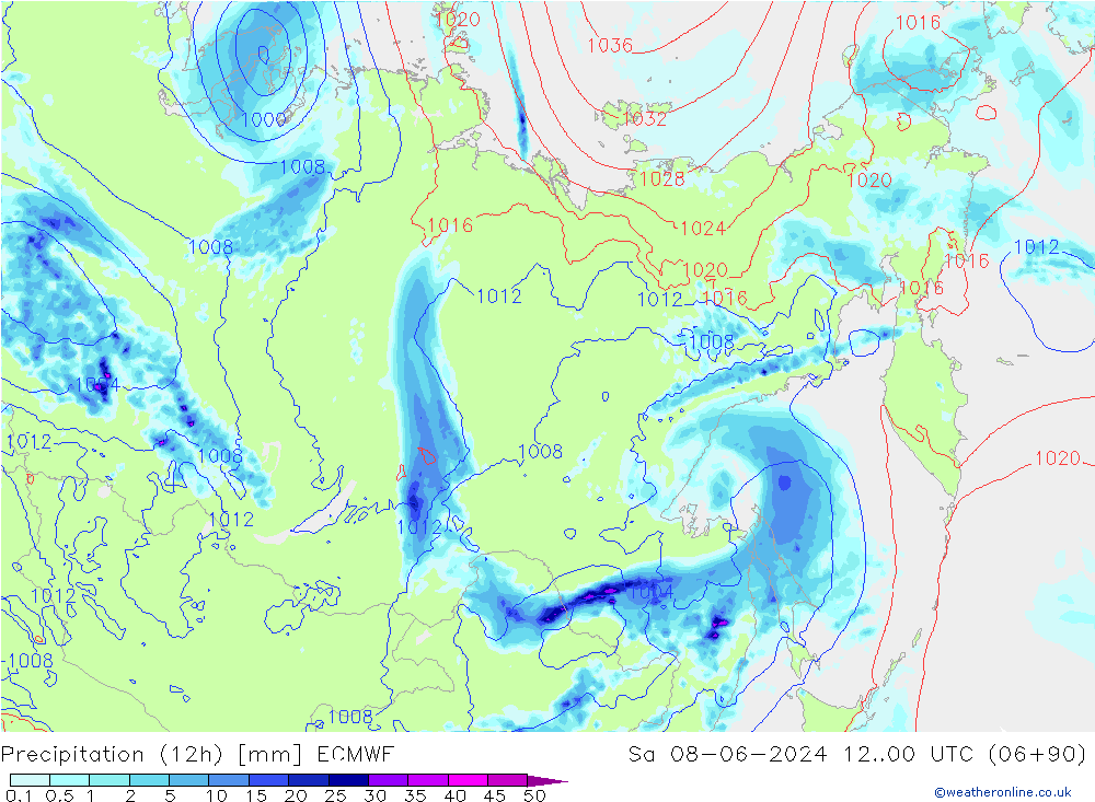 Precipitación (12h) ECMWF sáb 08.06.2024 00 UTC