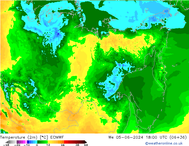 mapa temperatury (2m) ECMWF śro. 05.06.2024 18 UTC