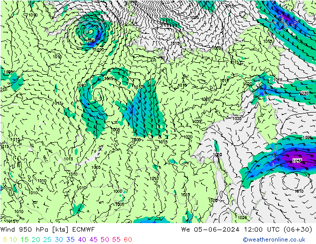 Vent 950 hPa ECMWF mer 05.06.2024 12 UTC