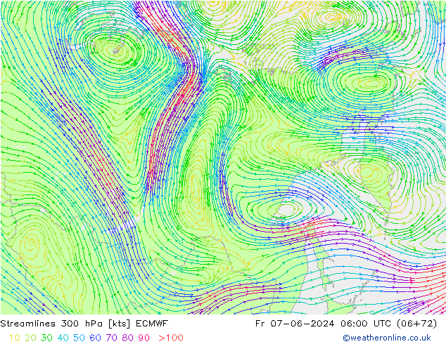 Stroomlijn 300 hPa ECMWF vr 07.06.2024 06 UTC