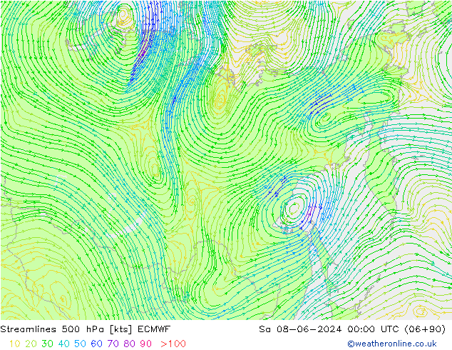 ветер 500 гПа ECMWF сб 08.06.2024 00 UTC