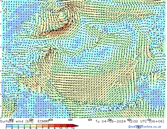 Vent 10 m (bft) ECMWF mar 04.06.2024 12 UTC