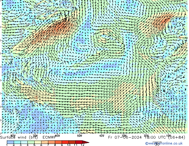 Surface wind (bft) ECMWF Fr 07.06.2024 18 UTC