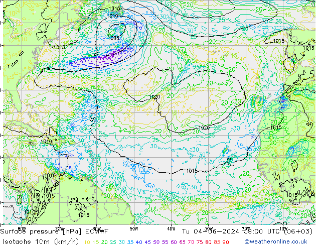 Isotachs (kph) ECMWF Tu 04.06.2024 09 UTC