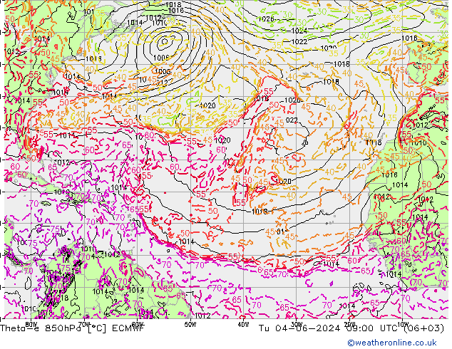 Theta-e 850hPa ECMWF wto. 04.06.2024 09 UTC