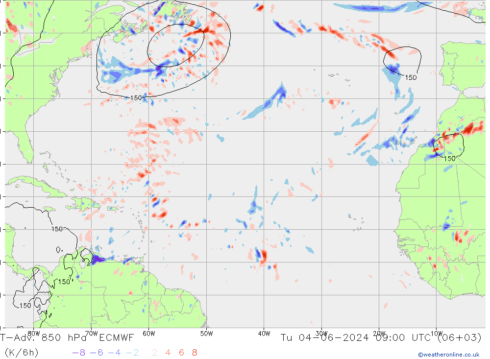 T-Adv. 850 hPa ECMWF wto. 04.06.2024 09 UTC