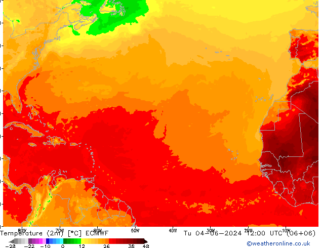 mapa temperatury (2m) ECMWF wto. 04.06.2024 12 UTC