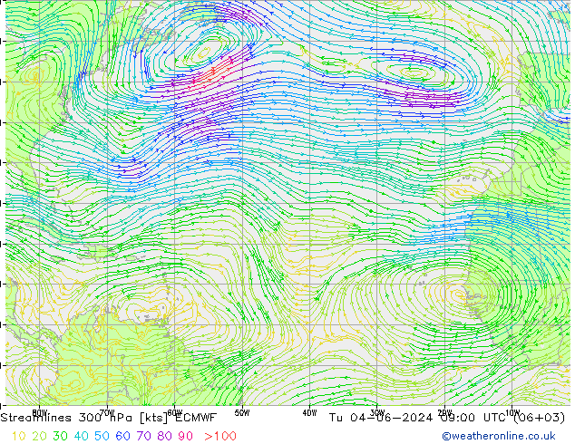 Streamlines 300 hPa ECMWF Tu 04.06.2024 09 UTC