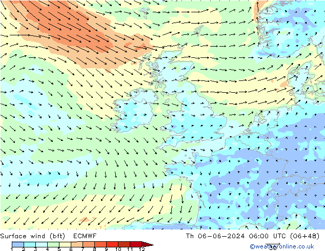 Rüzgar 10 m (bft) ECMWF Per 06.06.2024 06 UTC