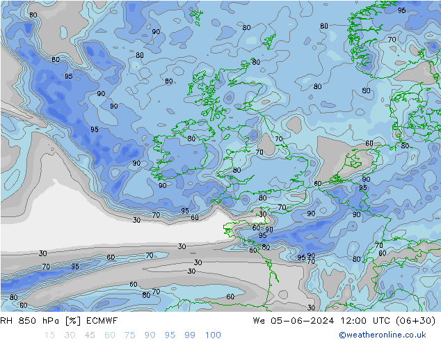 RH 850 hPa ECMWF śro. 05.06.2024 12 UTC