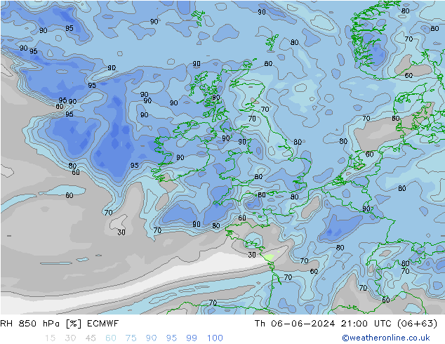 RH 850 hPa ECMWF gio 06.06.2024 21 UTC