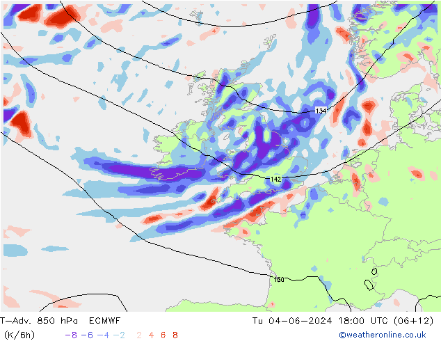 T-Adv. 850 гПа ECMWF вт 04.06.2024 18 UTC