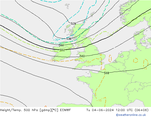 Z500/Rain (+SLP)/Z850 ECMWF Tu 04.06.2024 12 UTC