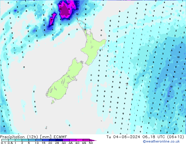 Totale neerslag (12h) ECMWF di 04.06.2024 18 UTC