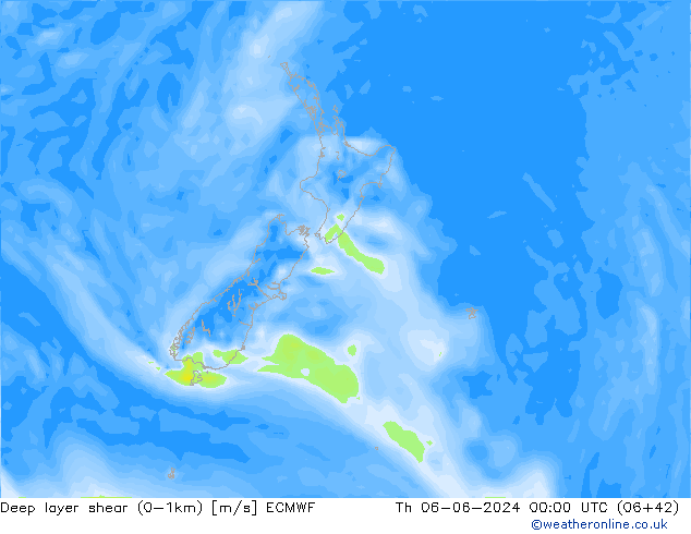 Deep layer shear (0-1km) ECMWF czw. 06.06.2024 00 UTC