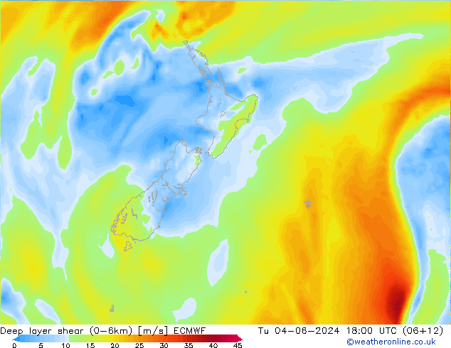 Deep layer shear (0-6km) ECMWF Tu 04.06.2024 18 UTC