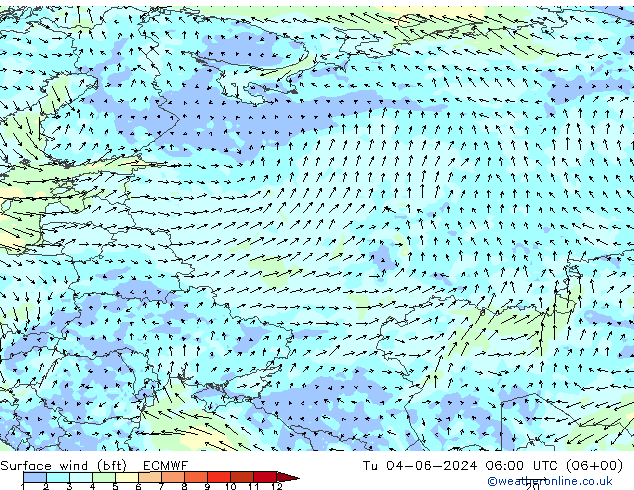 wiatr 10 m (bft) ECMWF wto. 04.06.2024 06 UTC