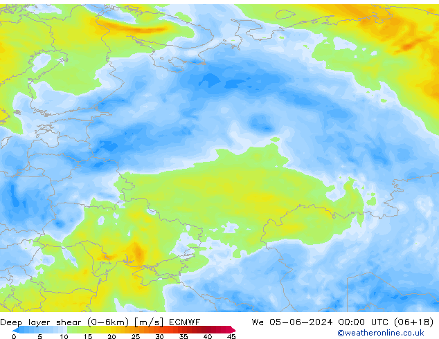 Deep layer shear (0-6km) ECMWF Çar 05.06.2024 00 UTC