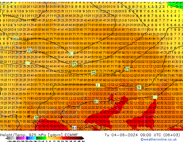 Height/Temp. 925 hPa ECMWF wto. 04.06.2024 09 UTC