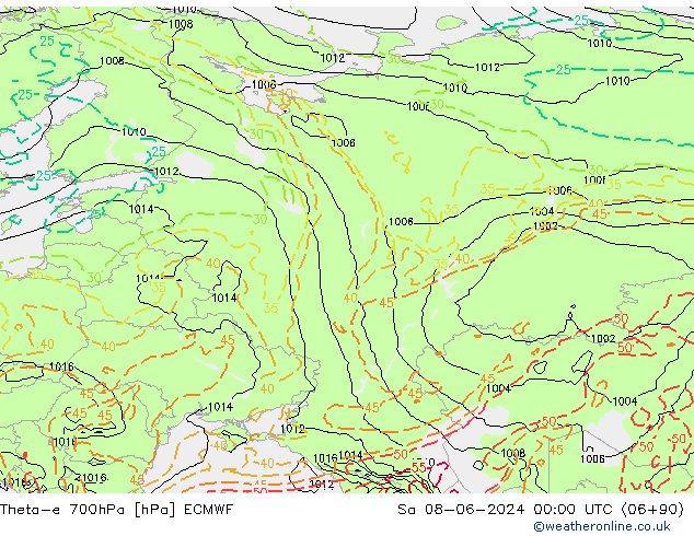 Theta-e 700hPa ECMWF Sa 08.06.2024 00 UTC