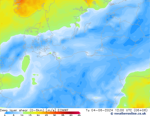 Deep layer shear (0-6km) ECMWF wto. 04.06.2024 12 UTC