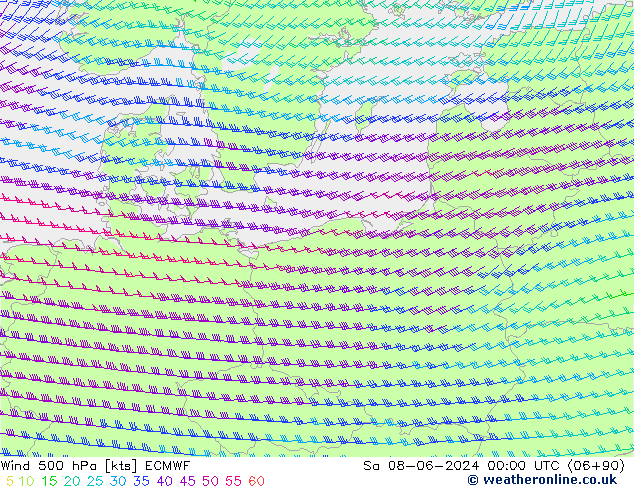 Vento 500 hPa ECMWF sab 08.06.2024 00 UTC