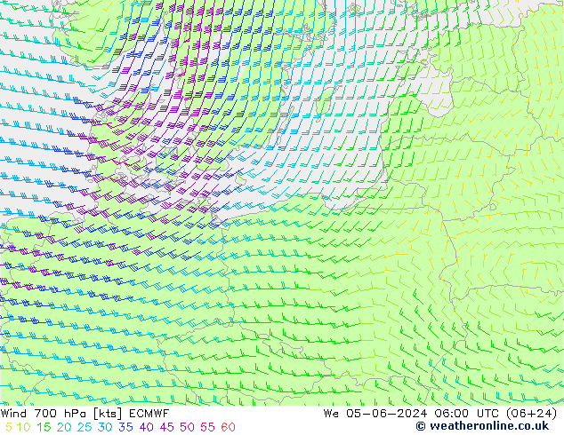 Wind 700 hPa ECMWF Mi 05.06.2024 06 UTC