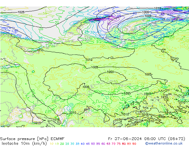 Isotachs (kph) ECMWF ven 07.06.2024 06 UTC