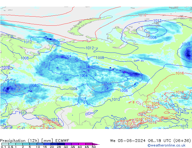 Totale neerslag (12h) ECMWF wo 05.06.2024 18 UTC