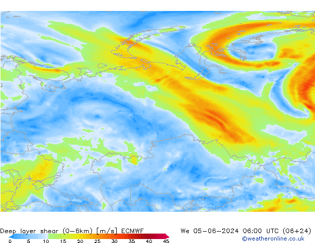 Deep layer shear (0-6km) ECMWF mer 05.06.2024 06 UTC